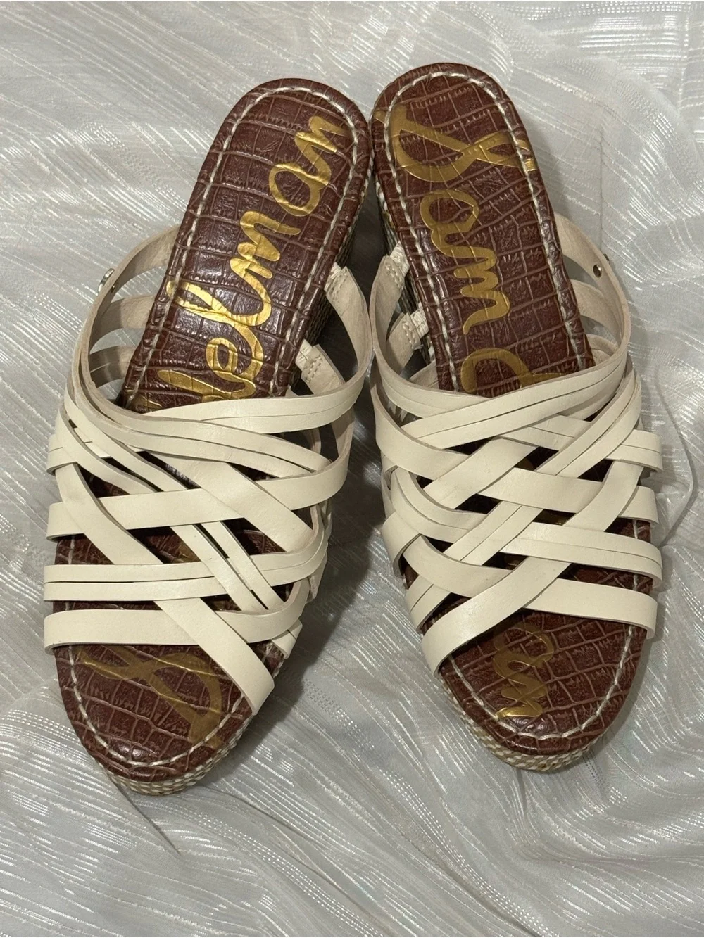 Sam Edelman Devon Wedge Sandals 9.5 Cream Strappy Woven Platform Like New